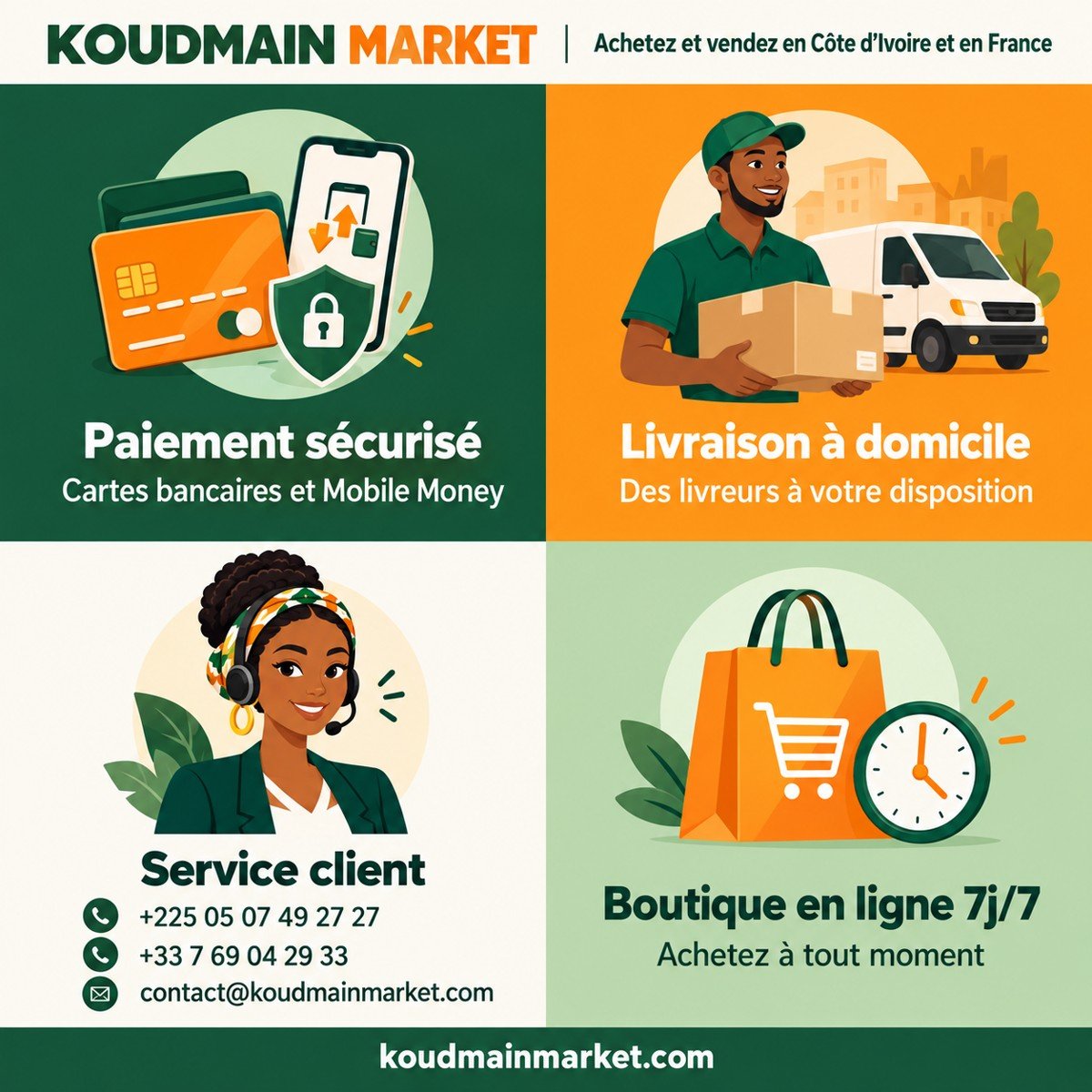 Koudmain Market : paiement sécurisé, livreurs à disposition, service client et boutique en ligne 7 jours sur 7.